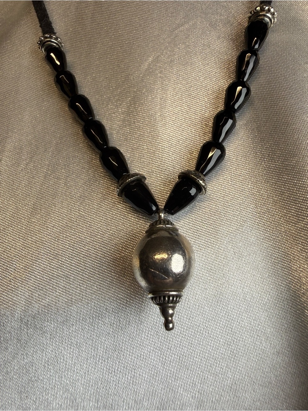 Gothic Vibe Sterling Silver Necklace W/ Black Beads on a Black Cord Emu Girl